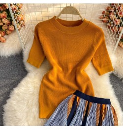 Pinkou Women Elegant Orange Blouse Set Short Sleeve Knitted Shirt Elastic Waist Midi Skirt Summer Two Piece Set Mujer TZ33 $5...