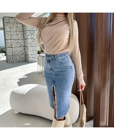 Fashion Spring Summer Denim Skirt Commuter Elegant High Waist Buttoned Jean Skirt Casual Women Pockets Slit Slim Hip Dress $4...