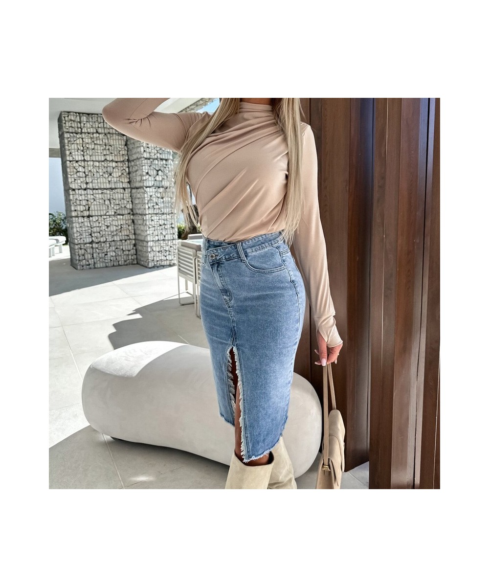 Fashion Spring Summer Denim Skirt Commuter Elegant High Waist Buttoned Jean Skirt Casual Women Pockets Slit Slim Hip Dress $4...