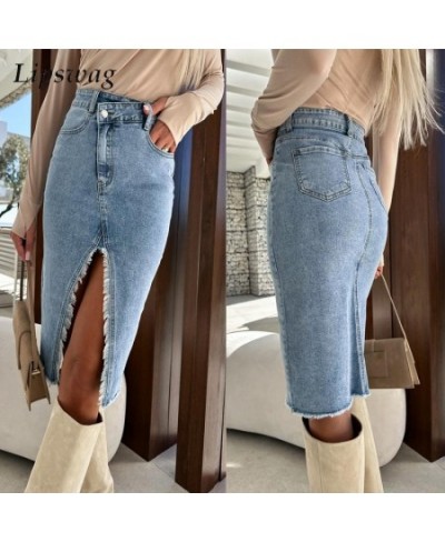 Fashion Spring Summer Denim Skirt Commuter Elegant High Waist Buttoned Jean Skirt Casual Women Pockets Slit Slim Hip Dress $4...