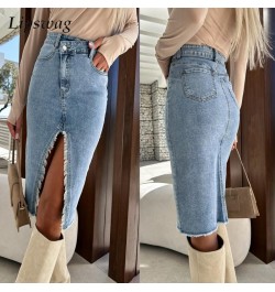 Fashion Spring Summer Denim Skirt Commuter Elegant High Waist Buttoned Jean Skirt Casual Women Pockets Slit Slim Hip Dress $4...