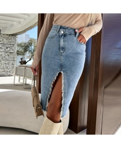 Fashion Spring Summer Denim Skirt Commuter Elegant High Waist Buttoned Jean Skirt Casual Women Pockets Slit Slim Hip Dress $4...