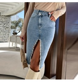 Fashion Spring Summer Denim Skirt Commuter Elegant High Waist Buttoned Jean Skirt Casual Women Pockets Slit Slim Hip Dress $4...