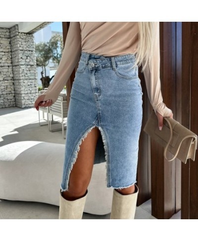 Fashion Spring Summer Denim Skirt Commuter Elegant High Waist Buttoned Jean Skirt Casual Women Pockets Slit Slim Hip Dress $4...