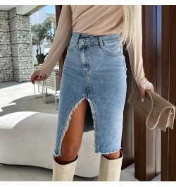 Fashion Spring Summer Denim Skirt Commuter Elegant High Waist Buttoned Jean Skirt Casual Women Pockets Slit Slim Hip Dress $4...