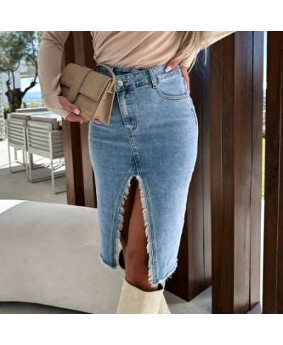 Fashion Spring Summer Denim Skirt Commuter Elegant High Waist Buttoned Jean Skirt Casual Women Pockets Slit Slim Hip Dress $4...