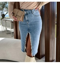 Fashion Spring Summer Denim Skirt Commuter Elegant High Waist Buttoned Jean Skirt Casual Women Pockets Slit Slim Hip Dress $4...