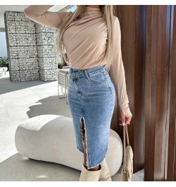 Fashion Spring Summer Denim Skirt Commuter Elegant High Waist Buttoned Jean Skirt Casual Women Pockets Slit Slim Hip Dress $4...