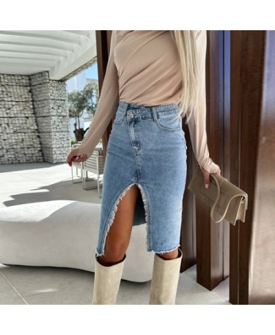 Fashion Spring Summer Denim Skirt Commuter Elegant High Waist Buttoned Jean Skirt Casual Women Pockets Slit Slim Hip Dress $4...