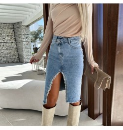 Fashion Spring Summer Denim Skirt Commuter Elegant High Waist Buttoned Jean Skirt Casual Women Pockets Slit Slim Hip Dress $4...