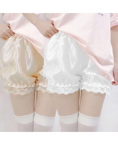 Women Girls Silky Satin Lolita Bloomers Ruffles Lace Trim Maid Loose Pumpkin Pants Solid Color Gothic Elastic Waist Security ...