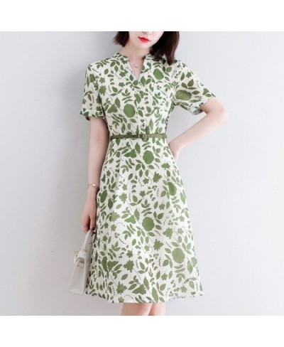 Elegant V-Neck Button Loose Belt Printed Folds Mini Dress Women's Clothing 2023 Summer New Oversized Office Lady Floral Dress...