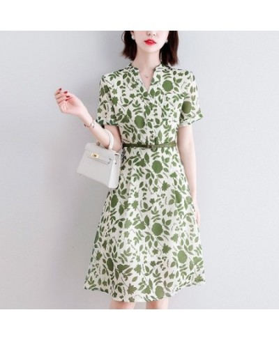 Elegant V-Neck Button Loose Belt Printed Folds Mini Dress Women's Clothing 2023 Summer New Oversized Office Lady Floral Dress...