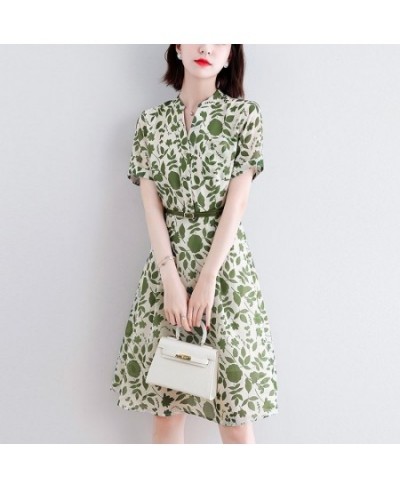 Elegant V-Neck Button Loose Belt Printed Folds Mini Dress Women's Clothing 2023 Summer New Oversized Office Lady Floral Dress...