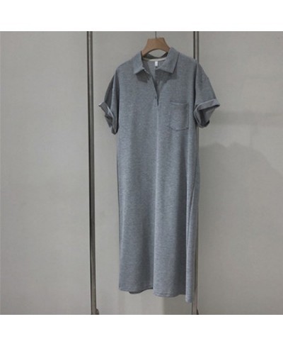 Summer Dresses Woman Polo Neck Dress Clothes For Lady Solid Korean Casual Loose Short Sleeve Long Tshirt Dress $34.40 - Dresses