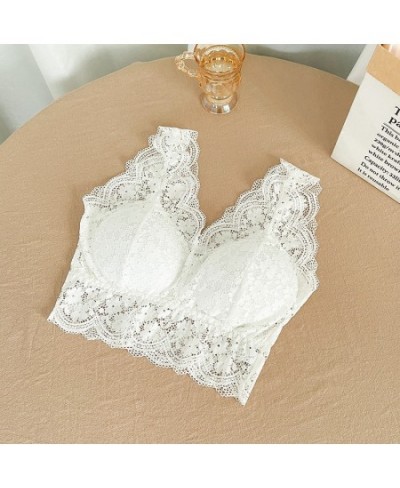 Women Sexy V Neck Lace Bras Crop Top Sleeveless Wire Free Tank Tops Female Underwear V Back Bralette Top Padded Camisole $16....