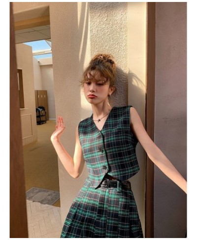 Short Plaid Vest Women's Spring New High-waisted Slimming Half Skirt Suit Design Sense Fashion Set $43.79 - Skirts