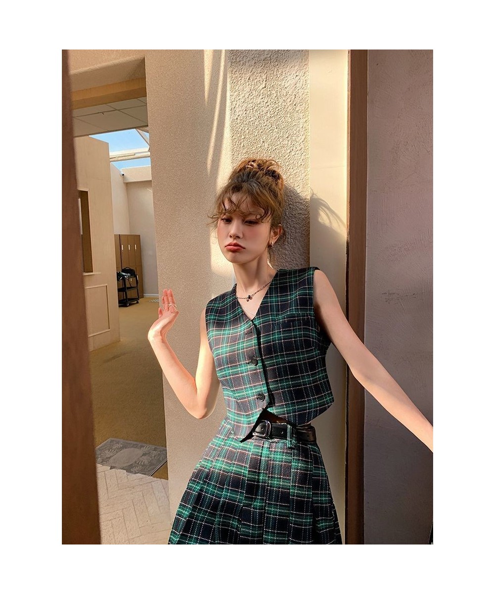 Short Plaid Vest Women's Spring New High-waisted Slimming Half Skirt Suit Design Sense Fashion Set $43.79 - Skirts