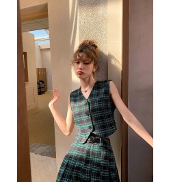 Short Plaid Vest Women's Spring New High-waisted Slimming Half Skirt Suit Design Sense Fashion Set $43.79 - Skirts