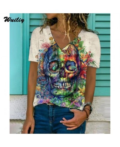 Women's FlowerT-Shirt Rainbow Skull Graphic T Shirt 3D Print V-neck Shirt Cotton Hip Hop Tops Girls La Colorful Skeleton Tees...