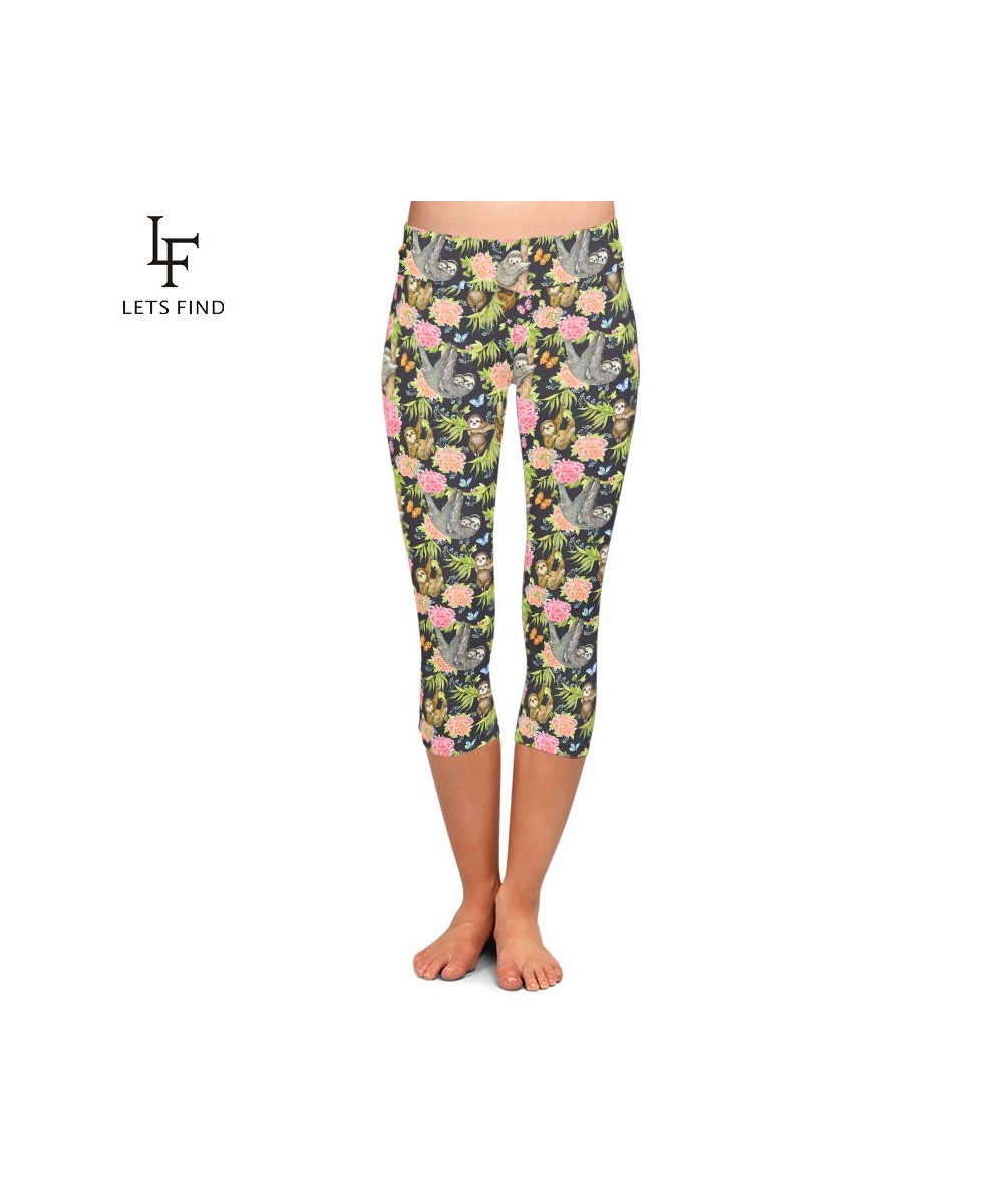 Fashion New Women Casual Capri Leggings Sloths and Flowers Digital Print High Waist Fitness Stretch Mid-Calf 3/4 Pants $20.91...