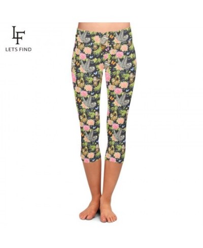 Fashion New Women Casual Capri Leggings Sloths and Flowers Digital Print High Waist Fitness Stretch Mid-Calf 3/4 Pants $20.91...