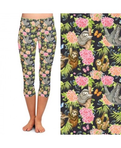 Fashion New Women Casual Capri Leggings Sloths and Flowers Digital Print High Waist Fitness Stretch Mid-Calf 3/4 Pants $20.91...