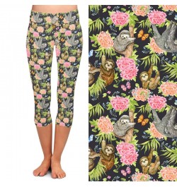 Fashion New Women Casual Capri Leggings Sloths and Flowers Digital Print High Waist Fitness Stretch Mid-Calf 3/4 Pants $20.91...