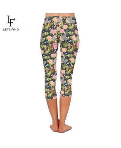 Fashion New Women Casual Capri Leggings Sloths and Flowers Digital Print High Waist Fitness Stretch Mid-Calf 3/4 Pants $20.91...