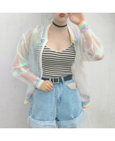 Harajuku Summer Women Jacket Laser Rainbow Symphony Hologram Women BasicCoat Clear Iridescent Transparent Bomber Jacket $20.8...