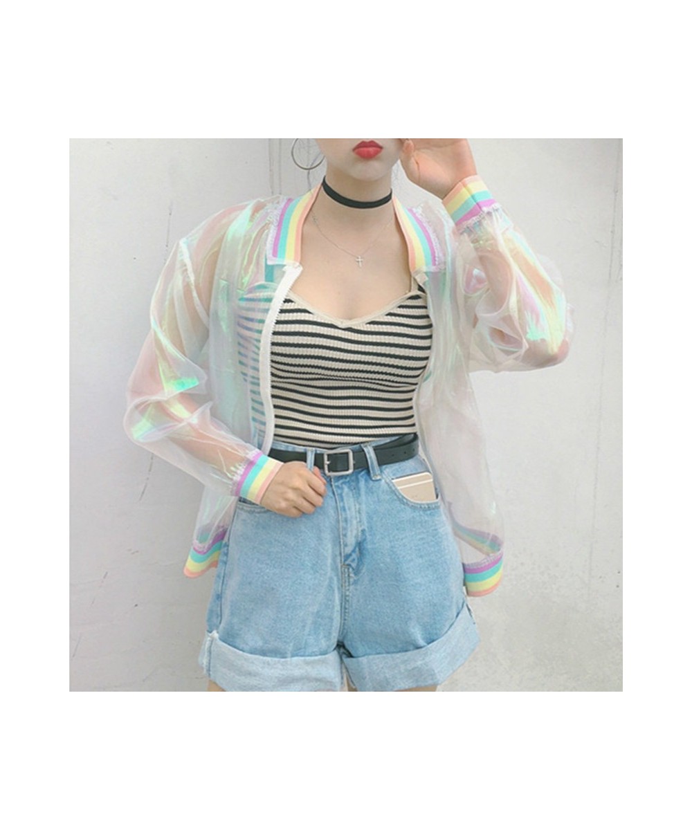 Harajuku Summer Women Jacket Laser Rainbow Symphony Hologram Women BasicCoat Clear Iridescent Transparent Bomber Jacket $20.8...