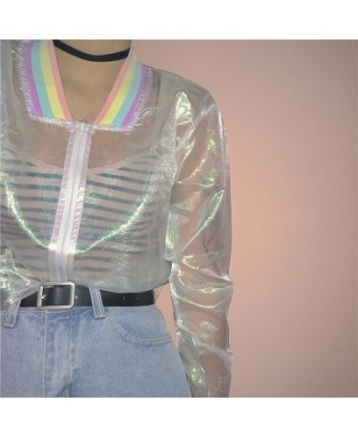 Harajuku Summer Women Jacket Laser Rainbow Symphony Hologram Women BasicCoat Clear Iridescent Transparent Bomber Jacket $20.8...