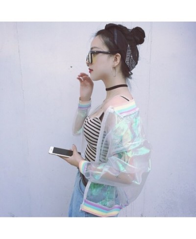 Harajuku Summer Women Jacket Laser Rainbow Symphony Hologram Women BasicCoat Clear Iridescent Transparent Bomber Jacket $20.8...