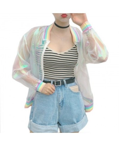 Harajuku Summer Women Jacket Laser Rainbow Symphony Hologram Women BasicCoat Clear Iridescent Transparent Bomber Jacket $20.8...