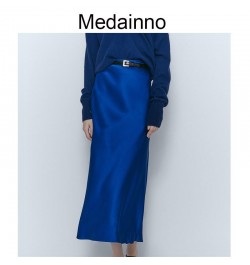 2022 New Fashion Women High Waist Satin Long Fishtail Skirt Casual Simple Slim Solid Elegant Bottoms Female Chic $46.00 - Skirts