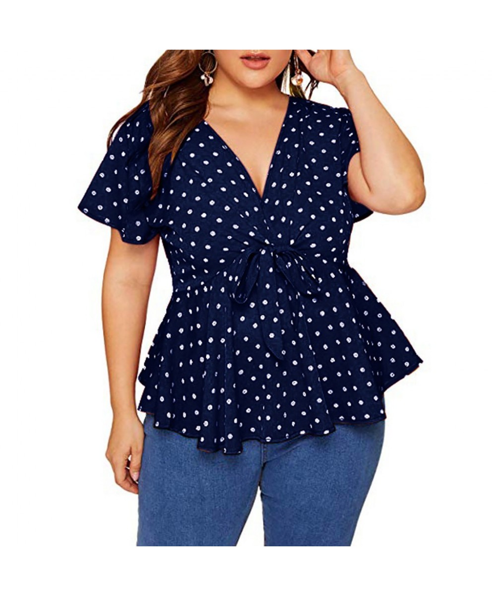 Womens Plus Size Tops And Blouses Elegant Shirt V Neck Short Sleeve Shirt Polka Dot Knot Top Front Large size Blouse With Bow...