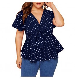 Womens Plus Size Tops And Blouses Elegant Shirt V Neck Short Sleeve Shirt Polka Dot Knot Top Front Large size Blouse With Bow...