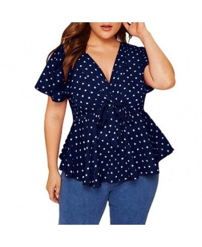 Womens Plus Size Tops And Blouses Elegant Shirt V Neck Short Sleeve Shirt Polka Dot Knot Top Front Large size Blouse With Bow...