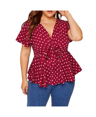 Womens Plus Size Tops And Blouses Elegant Shirt V Neck Short Sleeve Shirt Polka Dot Knot Top Front Large size Blouse With Bow...