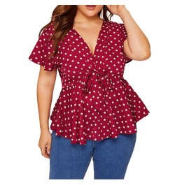 Womens Plus Size Tops And Blouses Elegant Shirt V Neck Short Sleeve Shirt Polka Dot Knot Top Front Large size Blouse With Bow...