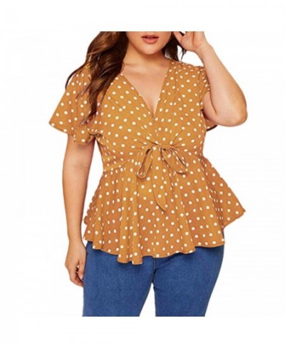 Womens Plus Size Tops And Blouses Elegant Shirt V Neck Short Sleeve Shirt Polka Dot Knot Top Front Large size Blouse With Bow...