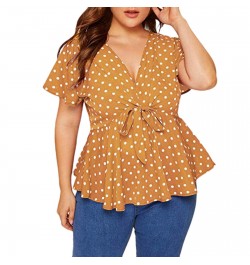 Womens Plus Size Tops And Blouses Elegant Shirt V Neck Short Sleeve Shirt Polka Dot Knot Top Front Large size Blouse With Bow...