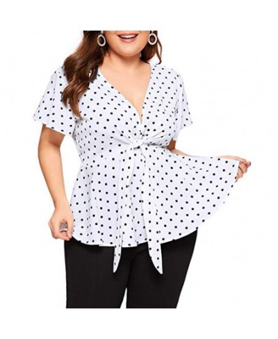 Womens Plus Size Tops And Blouses Elegant Shirt V Neck Short Sleeve Shirt Polka Dot Knot Top Front Large size Blouse With Bow...