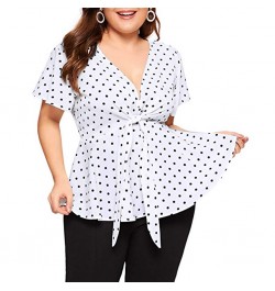 Womens Plus Size Tops And Blouses Elegant Shirt V Neck Short Sleeve Shirt Polka Dot Knot Top Front Large size Blouse With Bow...