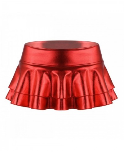 Women Shiny Metallic Low Rise Ruffled Pole Dance Shorts Skirt Leather Club Party Dancing Festival Rave Costume Sexy Mini Skir...