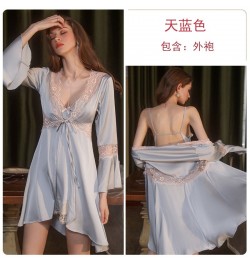 Female Kimono Bathrobe Nightgown Set Bride Lace Hollow Out Robe Gown Suit Loungewear Summer Women Satin Sleepwear Home Dress ...