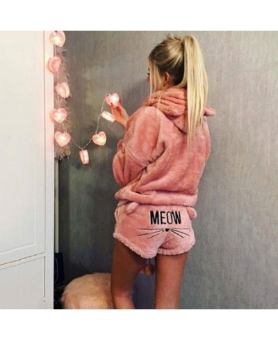 Women Coral Velvet Pajamas Set Autumn Winter Warm Pajamas Two Piece Set Sleepwear Cute Cat Meow Pattern Hoodies Shorts Set $3...