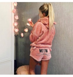 Women Coral Velvet Pajamas Set Autumn Winter Warm Pajamas Two Piece Set Sleepwear Cute Cat Meow Pattern Hoodies Shorts Set $3...