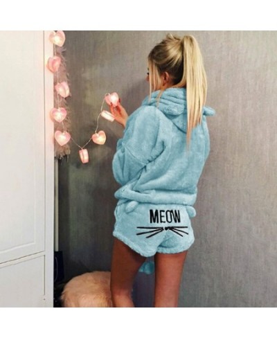 Women Coral Velvet Pajamas Set Autumn Winter Warm Pajamas Two Piece Set Sleepwear Cute Cat Meow Pattern Hoodies Shorts Set $3...