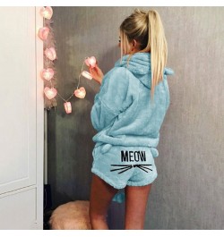 Women Coral Velvet Pajamas Set Autumn Winter Warm Pajamas Two Piece Set Sleepwear Cute Cat Meow Pattern Hoodies Shorts Set $3...